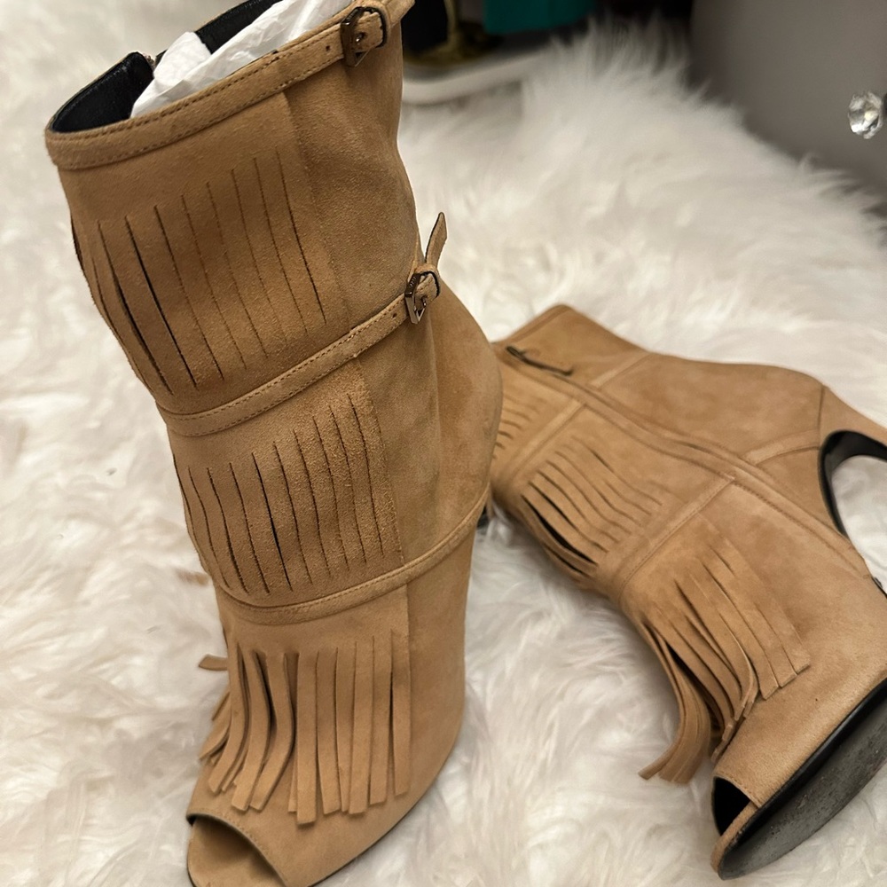Fringe Tan Peep-Toe Ankle Boots